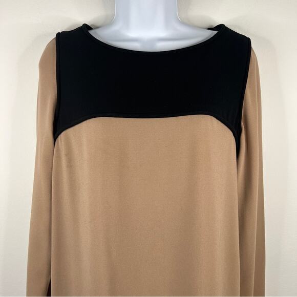 Tibi New York Tan Black Color Block Shift Dress Size 6 Long Sleeve Camel‎ - Picture 2 of 11